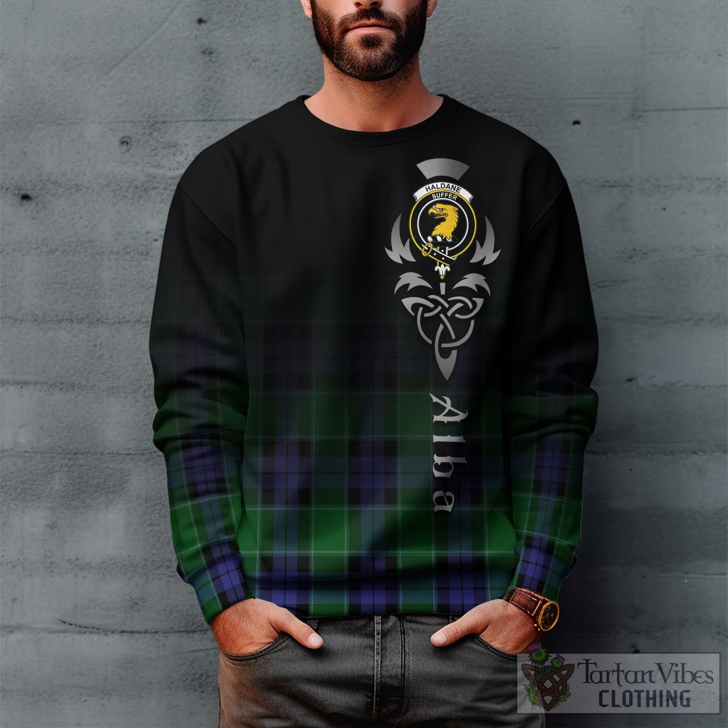 Haldane Tartan Sweatshirt Featuring Alba Gu Brath Family Crest Celtic Inspired Unisex - Tartan Vibes Clothing