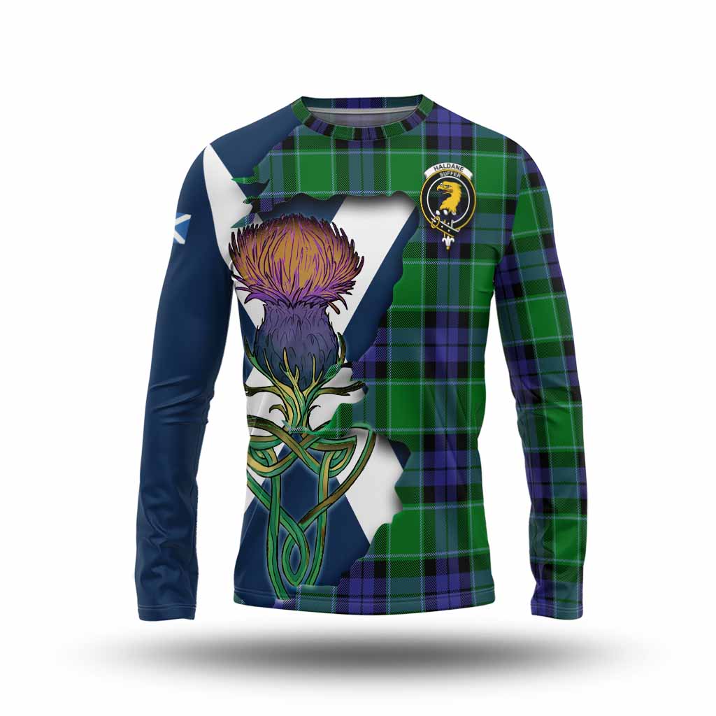 Haldane Tartan Family Crest Long Sleeve T-Shirt Scottish Thistle Celtic Inspired Unisex - Tartan Vibes Clothing