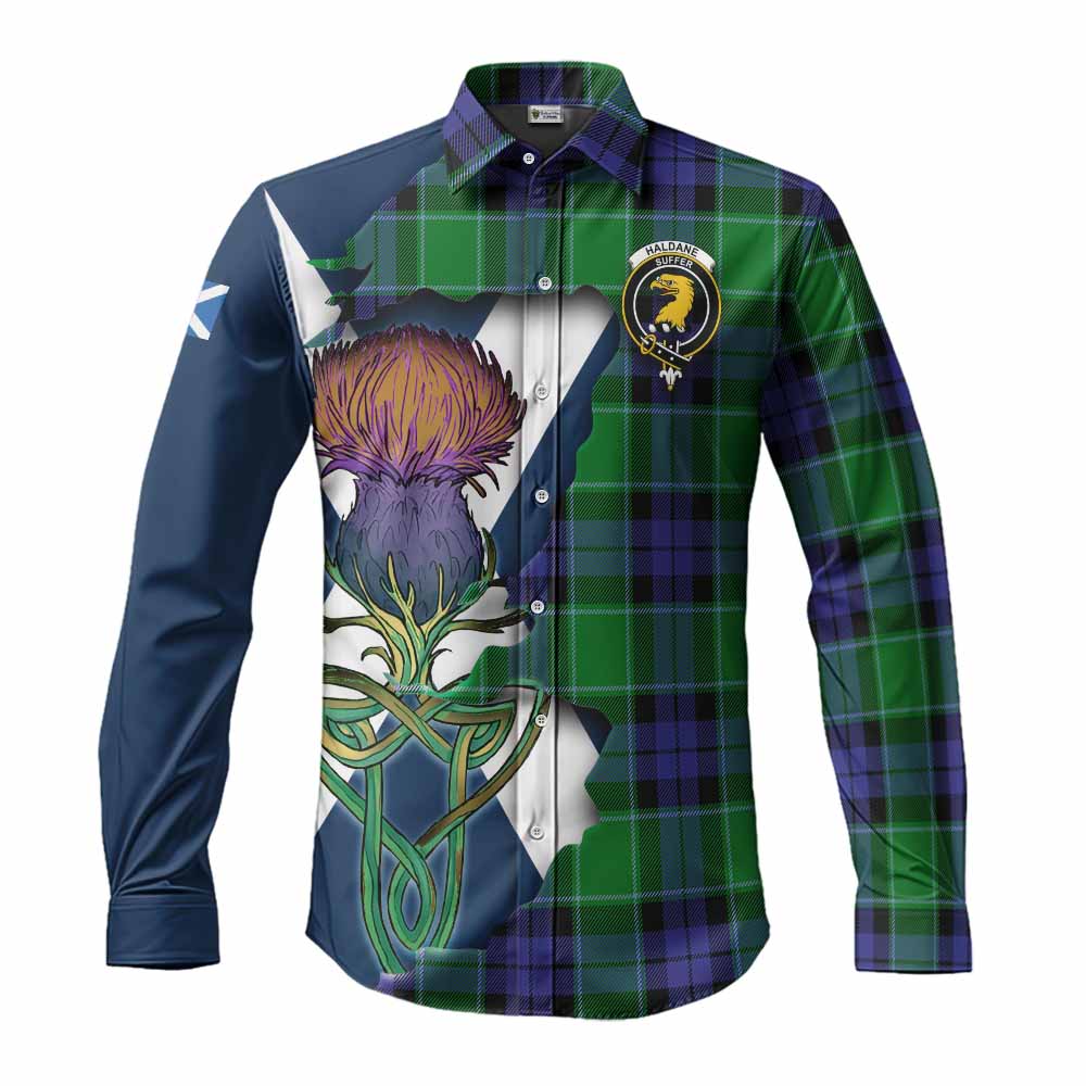 Tartan Vibes Clothing Haldane Tartan Family Crest Long Sleeve Button Shirt Scottish Thistle Celtic Inspired