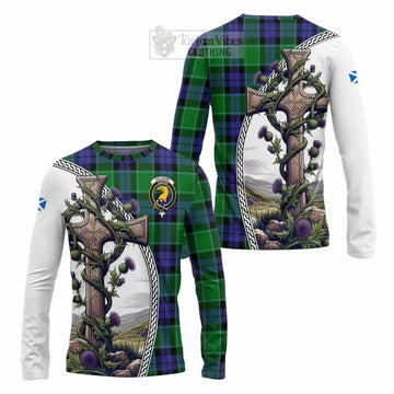 Haldane Tartan Long Sleeve T-Shirt with Family Crest and St. Andrew's Cross Accented by Thistle Vines Unisex - Tartan Vibes Clothing