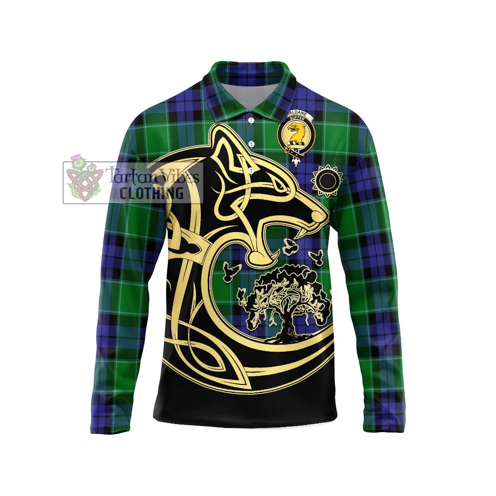 Haldane Tartan Long Sleeve Polo Shirt with Family Crest Celtic Wolf Style Unisex - Tartan Vibes Clothing