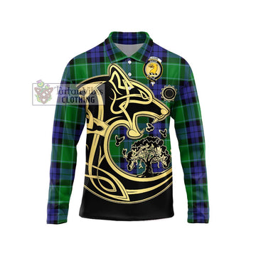 Haldane Tartan Long Sleeve Polo Shirt with Family Crest Celtic Wolf Style Unisex - Tartan Vibes Clothing