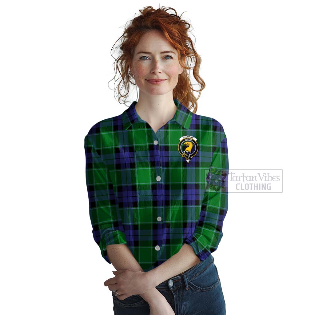Haldane Tartan Women's Casual Shirt with Family Crest Celtic Skull Style Female - Tartan Vibes Clothing
