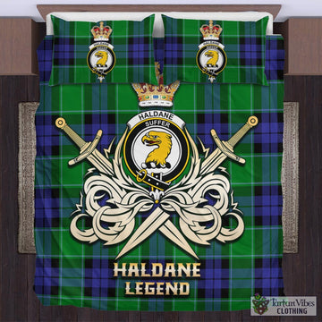 Tartan Vibes Clothing Haldane Tartan Bedding Set with Clan Crest and the Golden Sword of Courageous Legacy