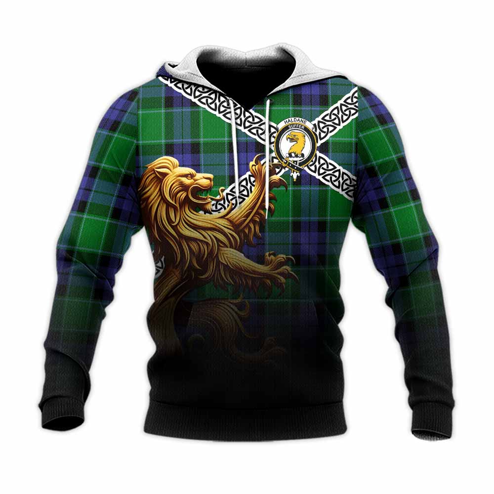 Haldane Crest Tartan Knitted Hoodie with Golden Lion Emblem Celtic Style Unisex Knitted Pullover Hoodie - Tartan Vibes Clothing