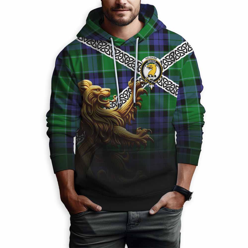 Haldane Crest Tartan Hoodie with Golden Lion Emblem Celtic Style Pullover Hoodie - Tartan Vibes Clothing