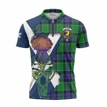 Haldane Tartan Family Crest Zipper Polo Shirt Scottish Thistle Celtic Inspired Unisex - Tartan Vibes Clothing