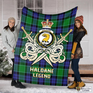 Haldane Tartan Blanket with Clan Crest and the Golden Sword of Courageous Legacy X-Large 59 x 79 inches 150 x 200 cm - Tartan Vibes Clothing
