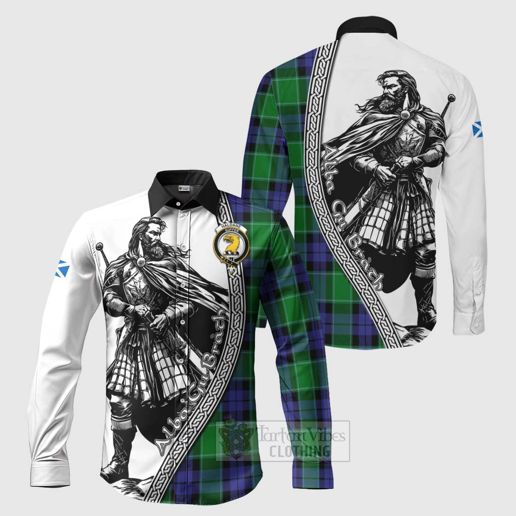 Haldane Tartan Clan Crest Long Sleeve Button Shirt with Highlander Warrior Celtic Style Men's Shirt S - Tartan Vibes Clothing