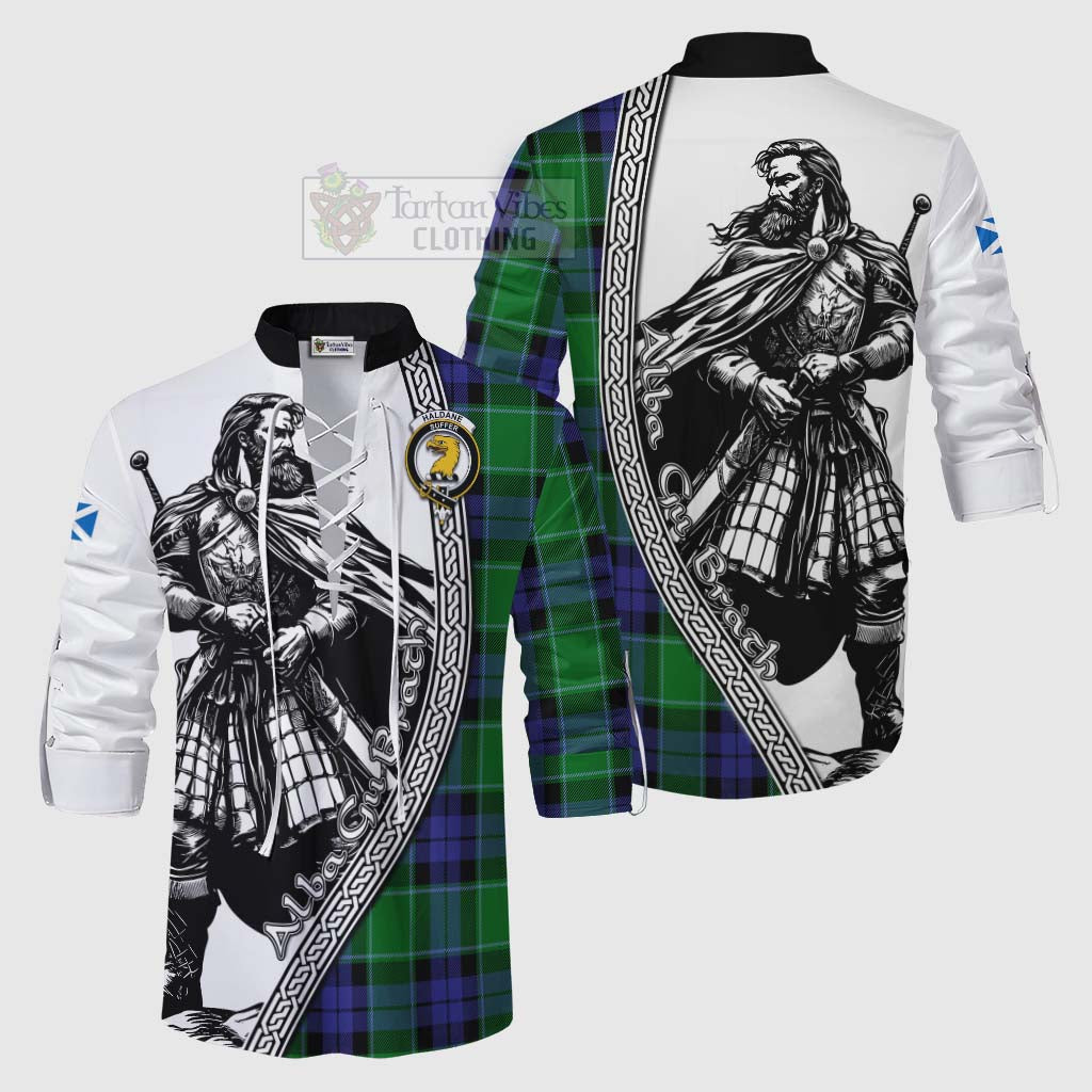 Haldane Tartan Clan Crest Ghillie Kilt Shirt with Highlander Warrior Celtic Style Men - Tartan Vibes Clothing