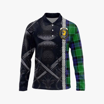 Haldane Tartan Long Sleeve Polo Shirt with Family Crest Cross Sword Thistle Celtic Vibes Unisex - Tartan Vibes Clothing