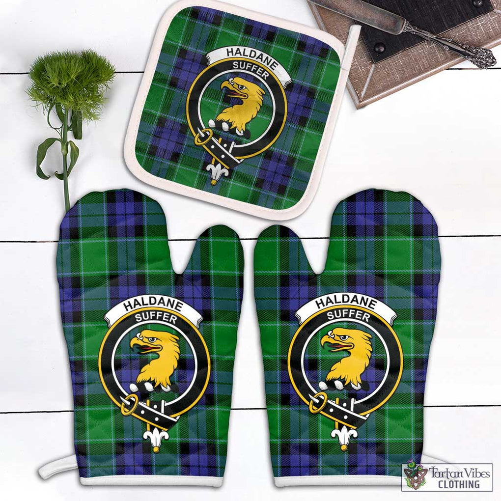 Haldane Tartan Combo Oven Mitt & Pot-Holder with Family Crest White - Tartan Vibes Clothing