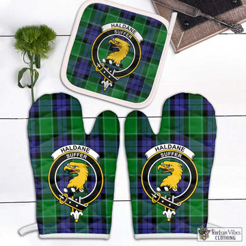Haldane Tartan Combo Oven Mitt & Pot-Holder with Family Crest Combo 2 Oven Mitt & 1 Pot-Holder Black - Tartan Vibes Clothing
