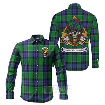 Haldane Tartan Long Sleeve Button Shirt with Family Crest and Bearded Skull Holding Bottles of Whiskey Men's Shirt S - Tartan Vibes Clothing