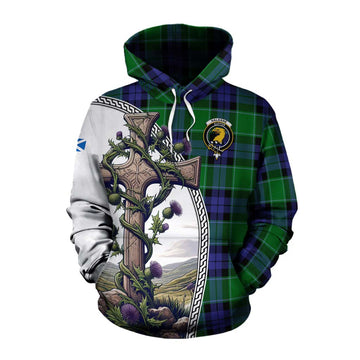 Haldane Tartan Cotton Hoodie with Family Crest and St. Andrew's Cross Accented by Thistle Vines Pullover Hoodie XS - Tartan Vibes Clothing
