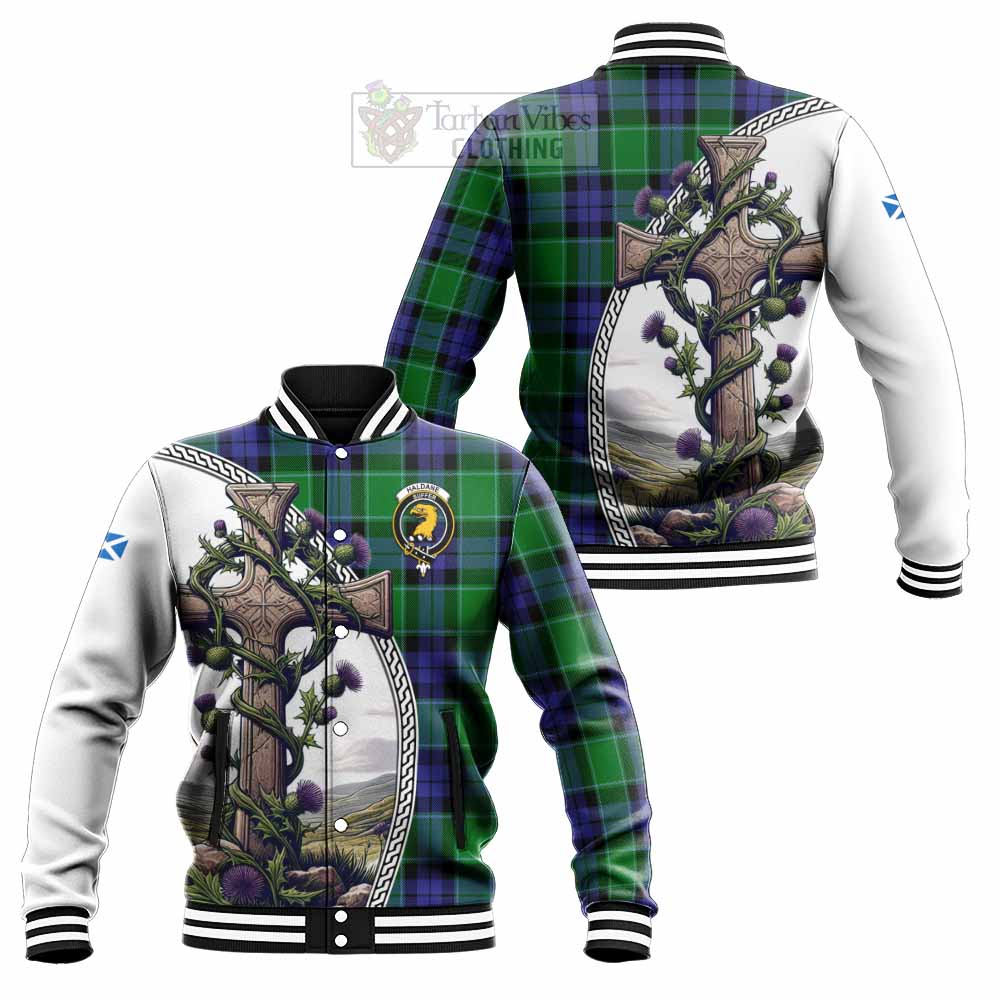 Haldane Tartan Baseball Jacket with Family Crest and St. Andrew's Cross Accented by Thistle Vines Unisex - Tartan Vibes Clothing