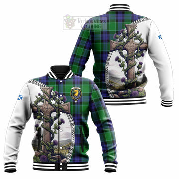 Haldane Tartan Baseball Jacket with Family Crest and St. Andrew's Cross Accented by Thistle Vines Unisex - Tartan Vibes Clothing