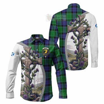 Haldane Tartan Long Sleeve Button Shirt with Family Crest and St. Andrew's Cross Accented by Thistle Vines Men's Shirt S - Tartan Vibes Clothing