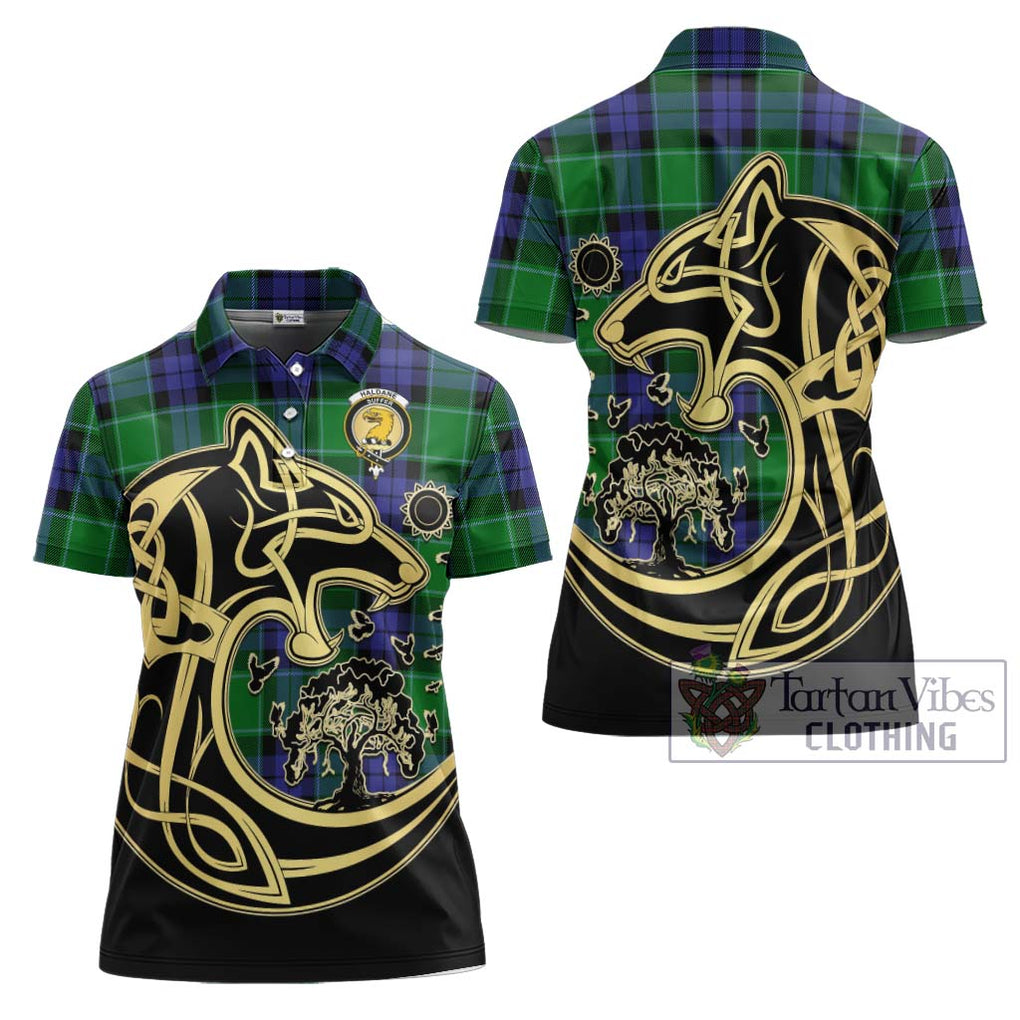 Haldane Tartan Women's Polo Shirt with Family Crest Celtic Wolf Style Women - Tartan Vibes Clothing