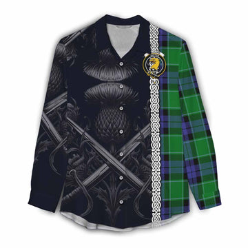 Haldane Tartan Women's Casual Shirt with Family Crest Cross Sword Thistle Celtic Vibes Female - Tartan Vibes Clothing