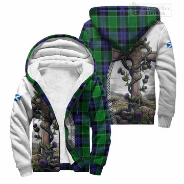 Haldane Tartan Sherpa Hoodie with Family Crest and St. Andrew's Cross Accented by Thistle Vines Unisex S - Tartan Vibes Clothing