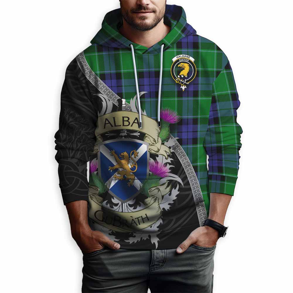 Haldane Tartan Family Crest Hoodie Lion Rampant Royal Thistle Shield Celtic Inspired Pullover Hoodie - Tartan Vibes Clothing