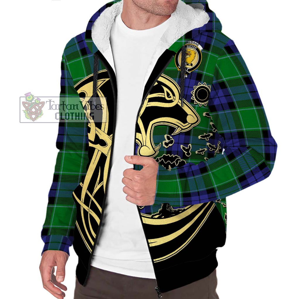 Haldane Tartan Sherpa Hoodie with Family Crest Celtic Wolf Style Unisex S - Tartan Vibes Clothing