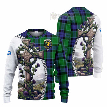 Haldane Tartan Knitted Sweater with Family Crest and St. Andrew's Cross Accented by Thistle Vines Unisex - Tartan Vibes Clothing