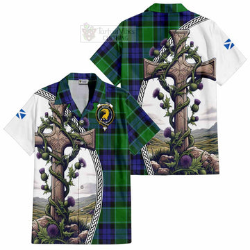 Haldane Tartan Hawaiian Shirt with Family Crest and St. Andrew's Cross Accented by Thistle Vines Kid - Tartan Vibes Clothing