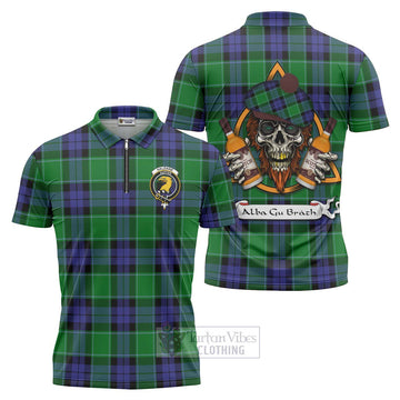 Haldane Tartan Zipper Polo Shirt with Family Crest and Bearded Skull Holding Bottles of Whiskey Unisex - Tartan Vibes Clothing