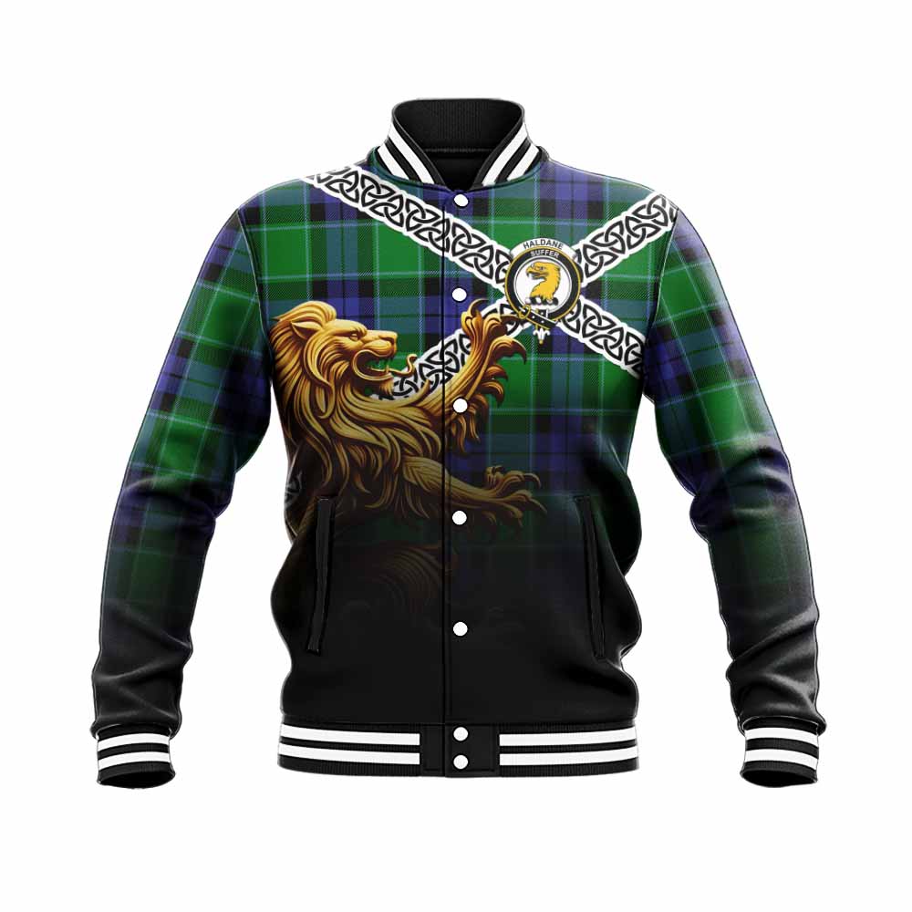 Haldane Crest Tartan Baseball Jacket with Golden Lion Emblem Celtic Style Unisex - Tartan Vibes Clothing