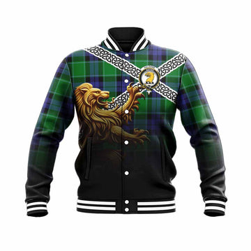 Tartan Vibes Clothing Haldane Crest Tartan Baseball Jacket with Golden Lion Emblem Celtic Style