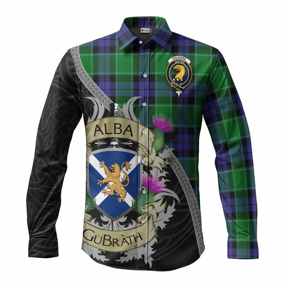 Haldane Tartan Family Crest Long Sleeve Button Shirt Lion Rampant Royal Thistle Shield Celtic Inspired Men's Shirt S - Tartan Vibes Clothing