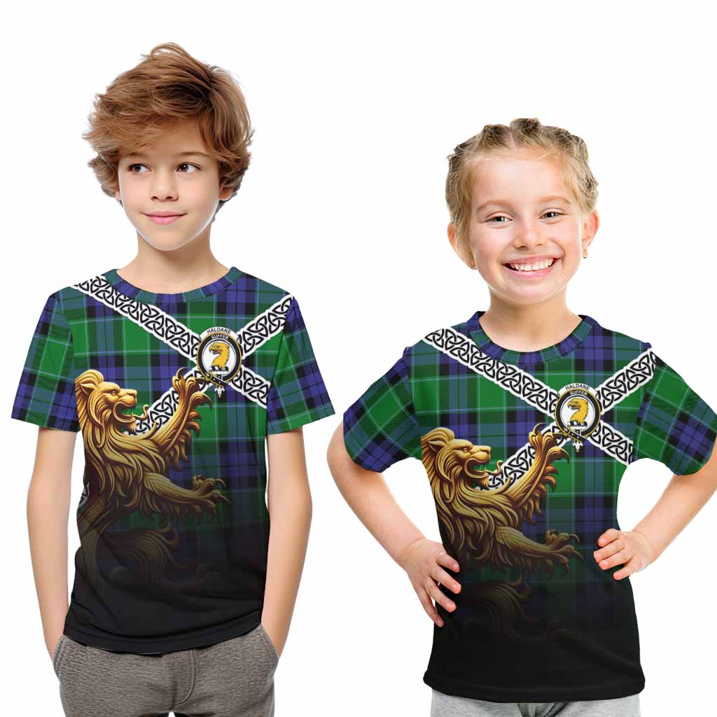 Haldane Crest Tartan Kid T-Shirt with Golden Lion Emblem Celtic Style Youth XL Size14 - Tartan Vibes Clothing