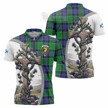 Haldane Tartan Zipper Polo Shirt with Family Crest and St. Andrew's Cross Accented by Thistle Vines Unisex - Tartan Vibes Clothing