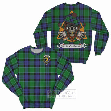 Haldane Tartan Sweatshirt with Family Crest and Bearded Skull Holding Bottles of Whiskey Unisex - Tartan Vibes Clothing