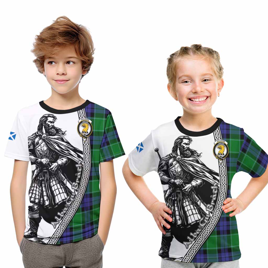 Haldane Tartan Clan Crest Kid T-Shirt with Highlander Warrior Celtic Style Youth XL Size14 - Tartan Vibes Clothing