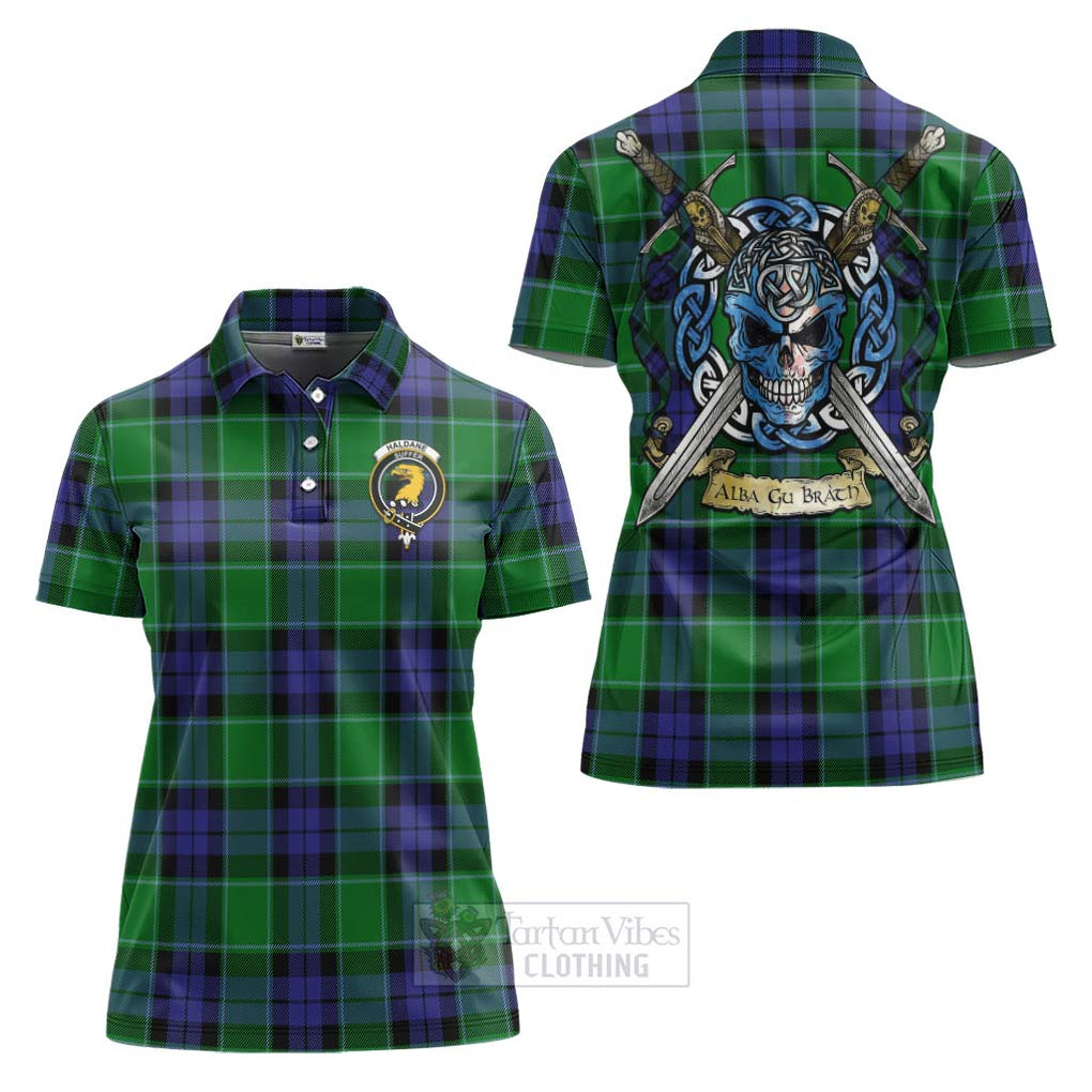 Haldane Tartan Women's Polo Shirt with Family Crest Celtic Skull Style Women - Tartan Vibes Clothing