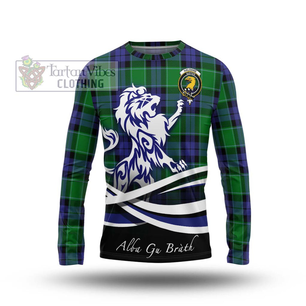Haldane Tartan Long Sleeve T-Shirt with Alba Gu Brath Regal Lion Emblem Unisex - Tartan Vibes Clothing