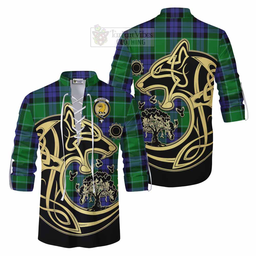 Haldane Tartan Ghillie Kilt Shirt with Family Crest Celtic Wolf Style Men - Tartan Vibes Clothing