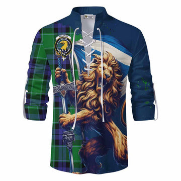 Haldane Tartan Family Crest Ghillie Kilt Shirt with Scottish Majestic Lion Men - Tartan Vibes Clothing