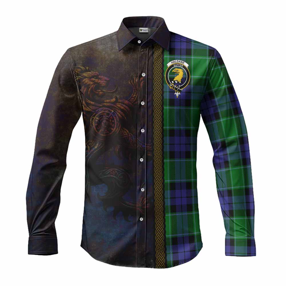 Haldane Tartan Family Crest Long Sleeve Button Shirt Alba Gu Brath Be Brave Lion Ancient Style Men's Shirt S - Tartan Vibes Clothing