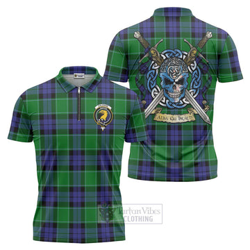 Haldane Tartan Zipper Polo Shirt with Family Crest Celtic Skull Style Unisex - Tartan Vibes Clothing