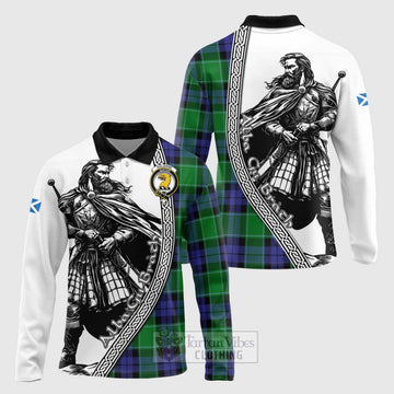 Haldane Tartan Clan Crest Long Sleeve Polo Shirt with Highlander Warrior Celtic Style Unisex - Tartan Vibes Clothing