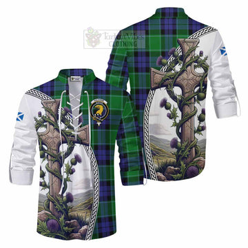 Haldane Tartan Ghillie Kilt Shirt with Family Crest and St. Andrew's Cross Accented by Thistle Vines Men - Tartan Vibes Clothing