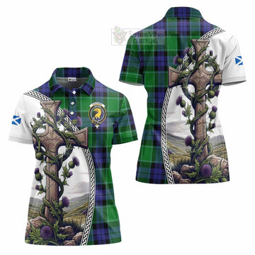 Haldane Tartan Women's Polo Shirt with Family Crest and St. Andrew's Cross Accented by Thistle Vines Women - Tartan Vibes Clothing