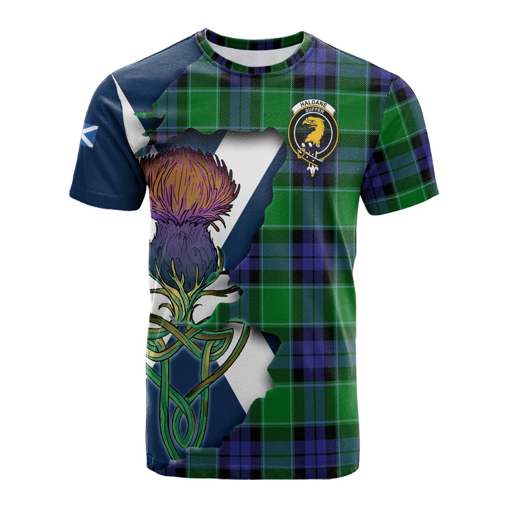 Tartan Vibes Clothing Haldane Tartan Family Crest Cotton T-shirt Scottish Thistle Celtic Inspired