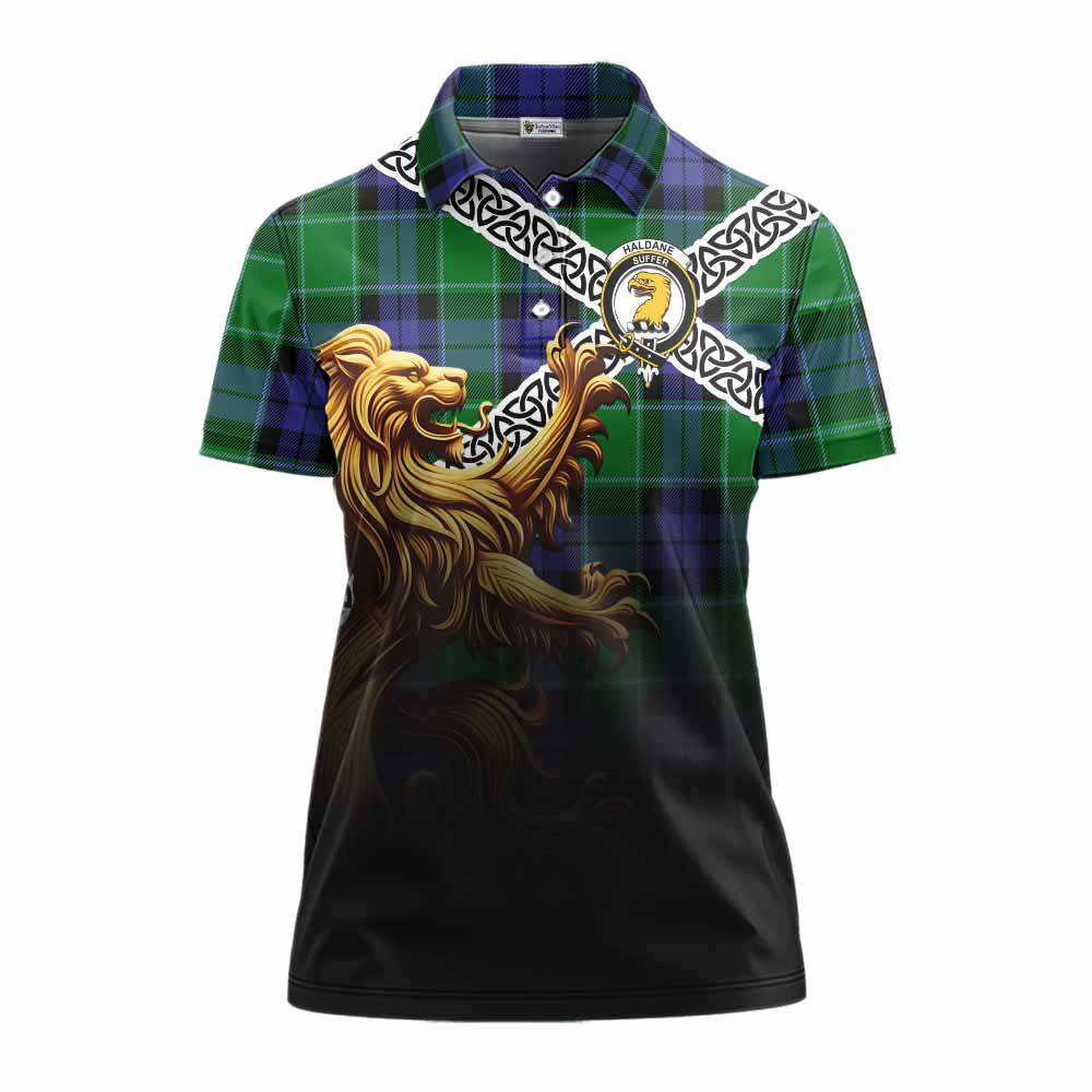Haldane Crest Tartan Women's Polo Shirt with Golden Lion Emblem Celtic Style Women - Tartan Vibes Clothing
