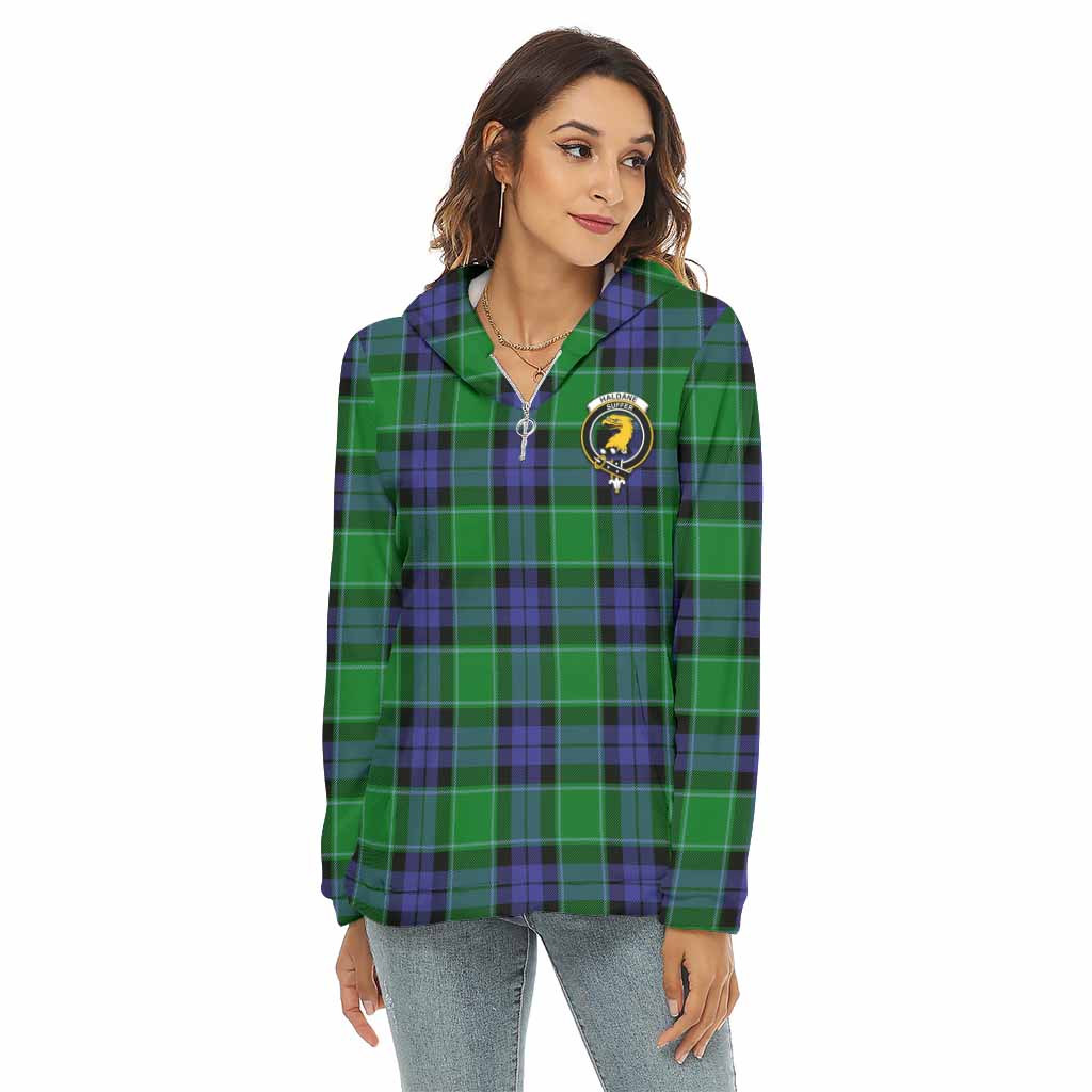 Haldane Tartan Women's Borg Fleece Hoodie with Half Zip with Family Crest Female - Tartan Vibes Clothing