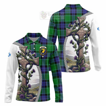 Haldane Tartan Long Sleeve Polo Shirt with Family Crest and St. Andrew's Cross Accented by Thistle Vines Unisex - Tartan Vibes Clothing